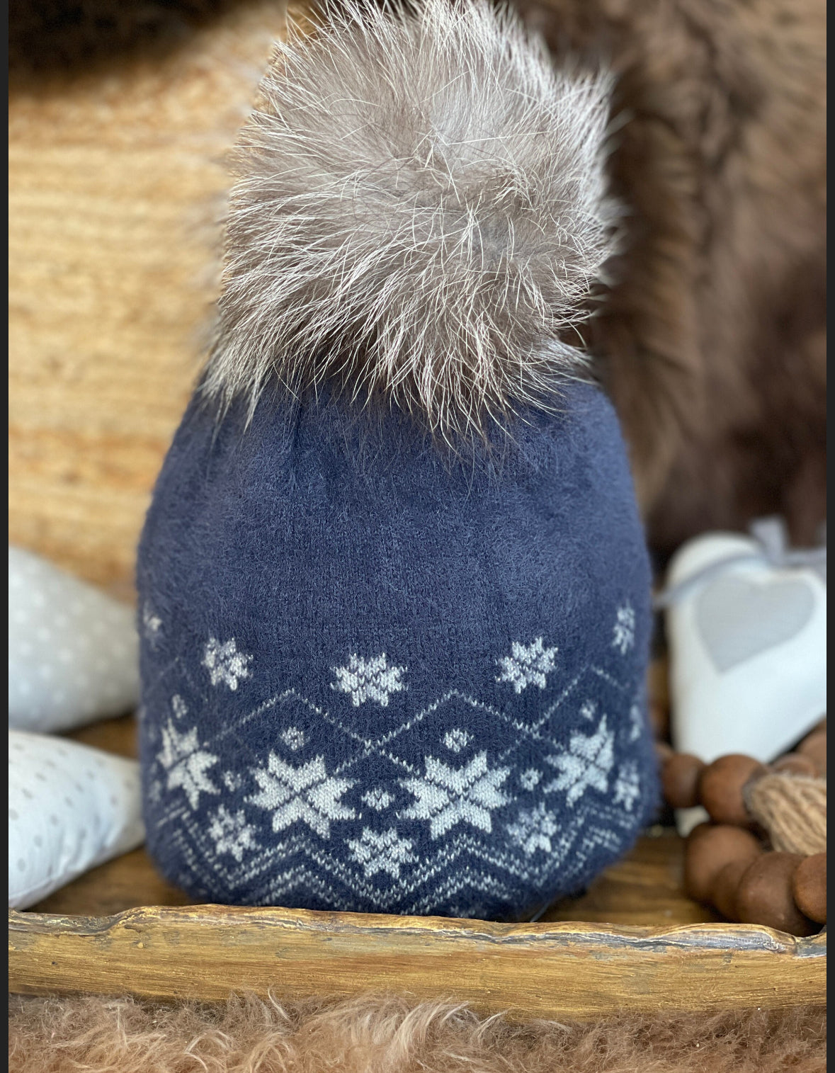 Natural Fluffy PomPom Women's Beanie Hat, Fleece Lined