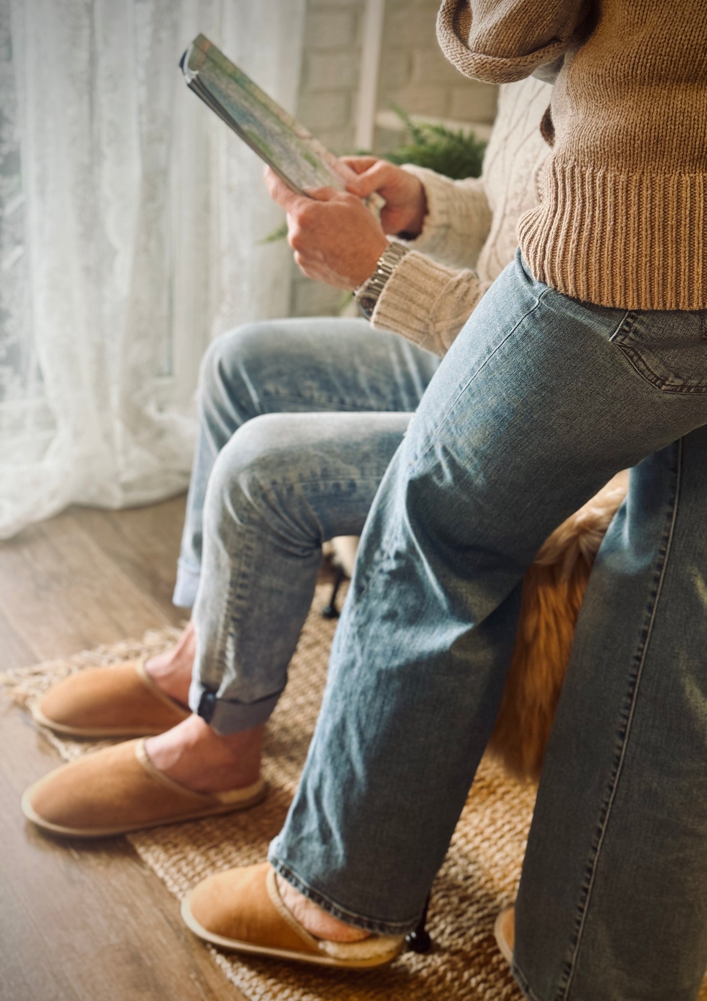 Follkee Slippers Sheep Skin Wool Lined Slip On House Shoes for Mens and Womans