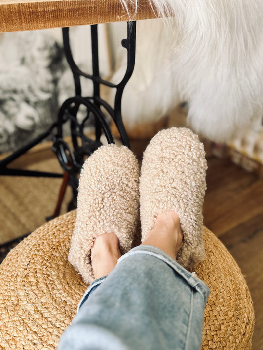 Follkee Teddy Bear Slippers Natural Beige Sheep Skin Wool Lined Handcrafted Luxury Slippers