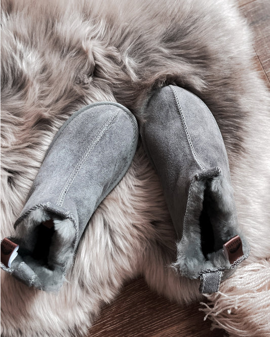 Follkee Slippers Sheep Skin Wool Lined House Shoes Mens Slippers Womens Slippers Grey Slippers Handcrafted